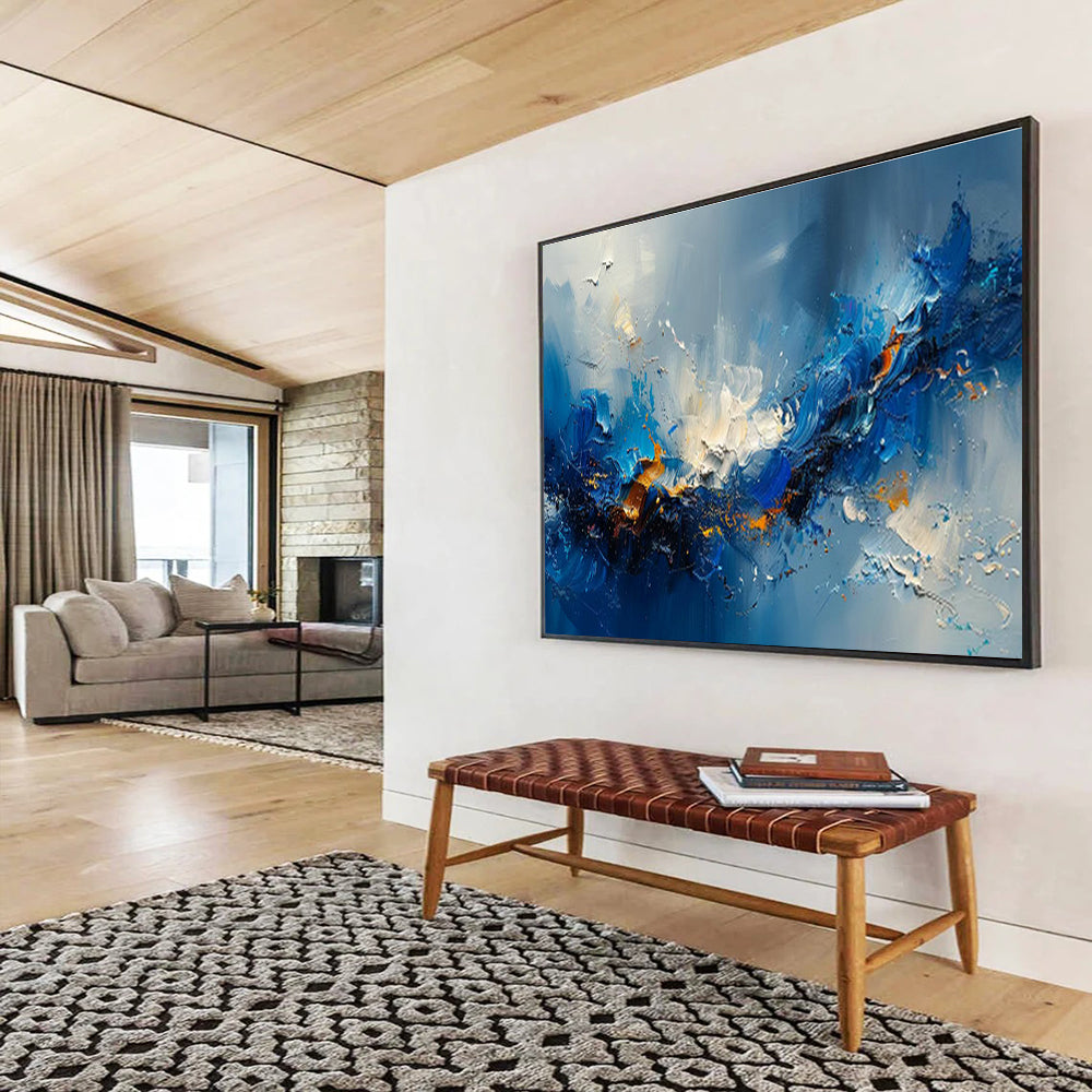 Dynamic Blue Abstract Wave Art for Modern Office Break Rooms DLZ3088