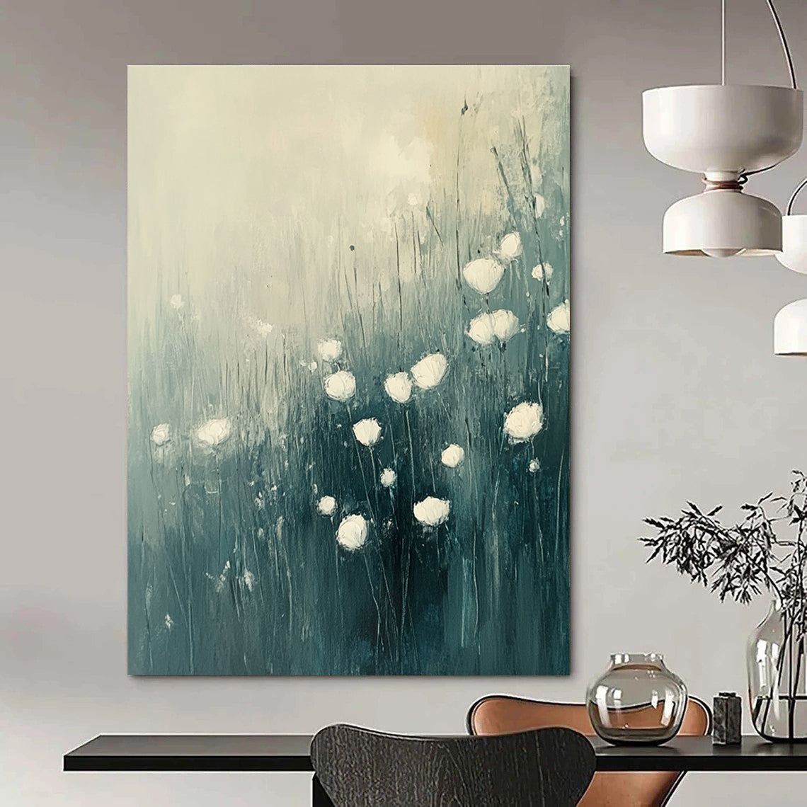 Abstract White Flowers in Field for Serene Spa Retreat & Minimalist Home Living Room STSC184