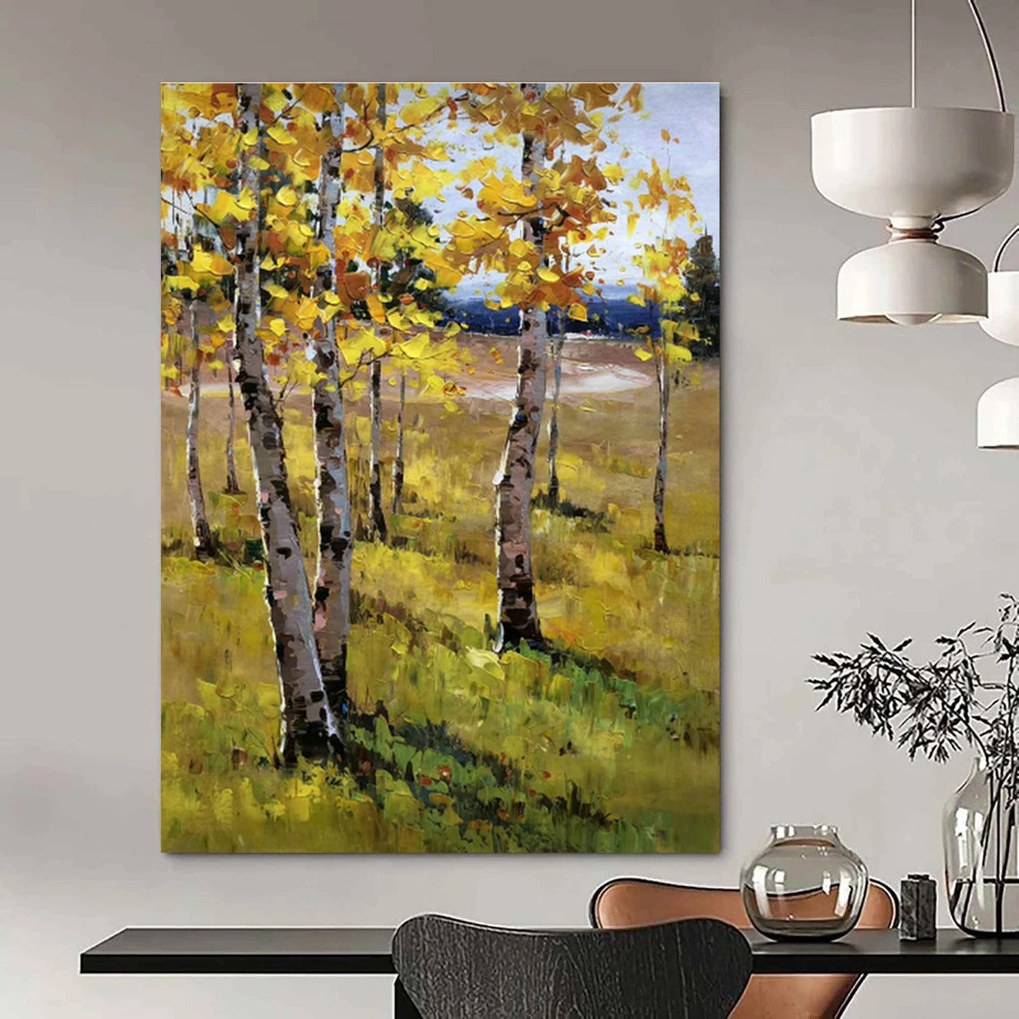 Golden Autumn Birch Forest Oil Painting for Country Cottage & Fall - Themed Café DLZ1291