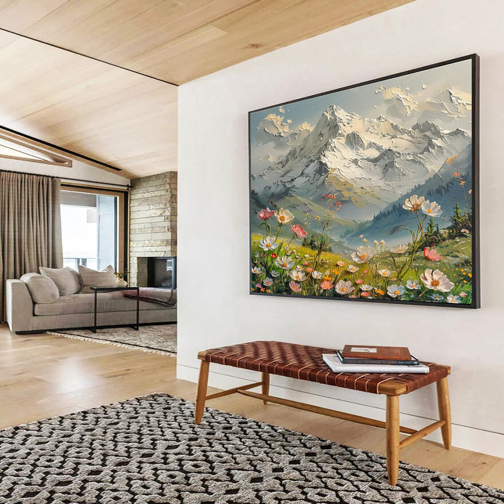 Snowy Mountain & Wildflower Field Art for Inspirational Home Office DLZ3058
