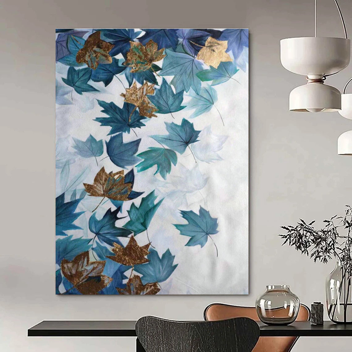 Blue - Gold Maple Leaf Abstract Art for Autumn - Themed Café & Nature - Lover’s Home DLZ0774