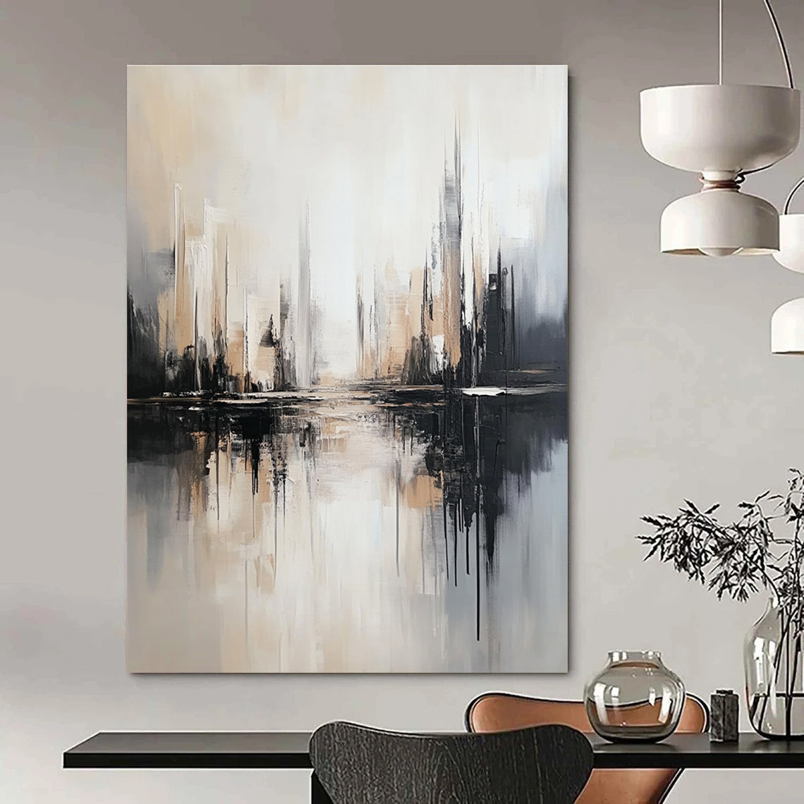 Monochromatic Cityscape Reflection Art for Modern Office Reception & Minimalist Home Library STSC1352