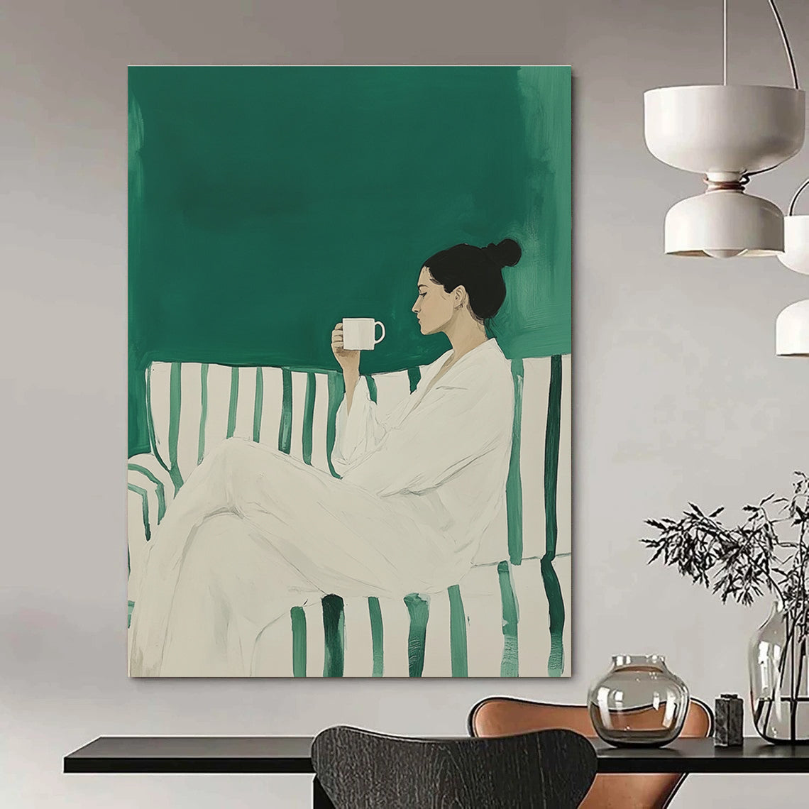 Woman with Coffee Minimalist Portrait Art for Cozy Home Living Room & Relaxing Home Café STSC1494