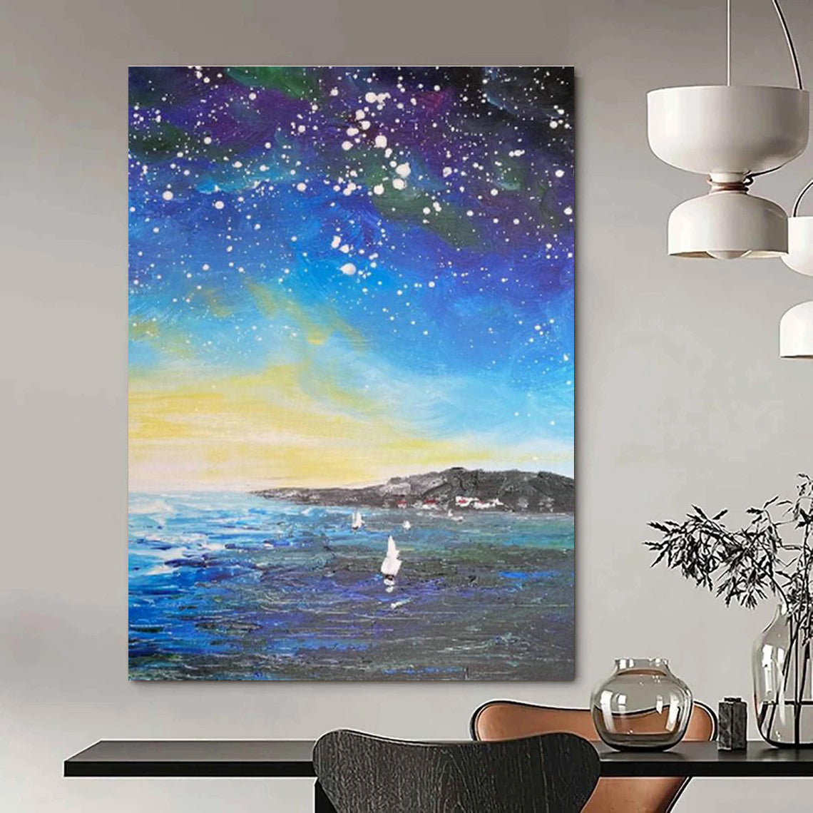 Starry Night Sea Oil Painting for Living Room & Cottage DLZ0347