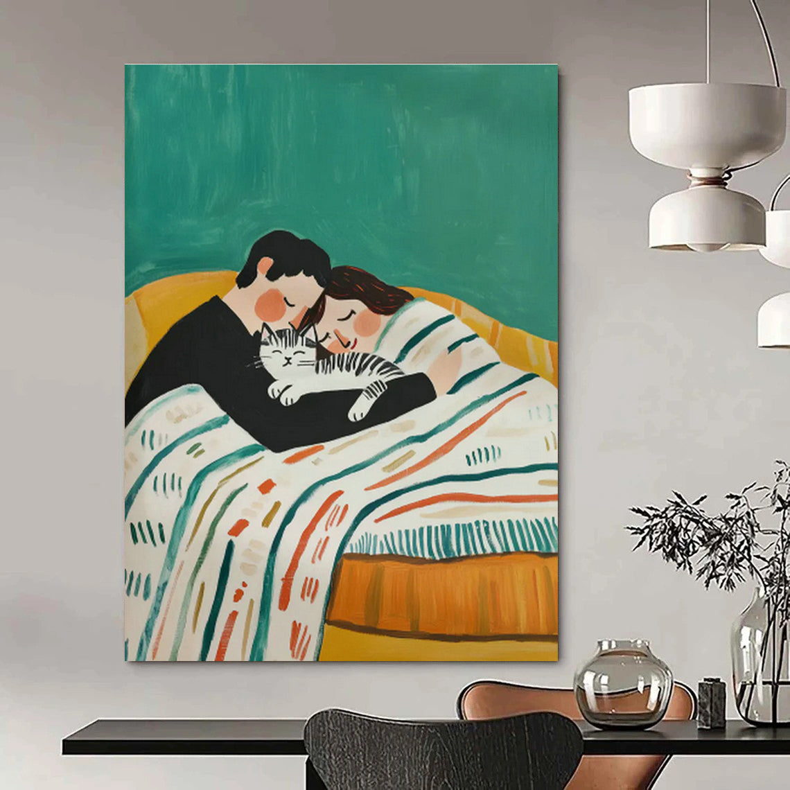 Couple with Cat on Green Sofa Art for Pet - Friendly Home & Cozy Café DLZ0699