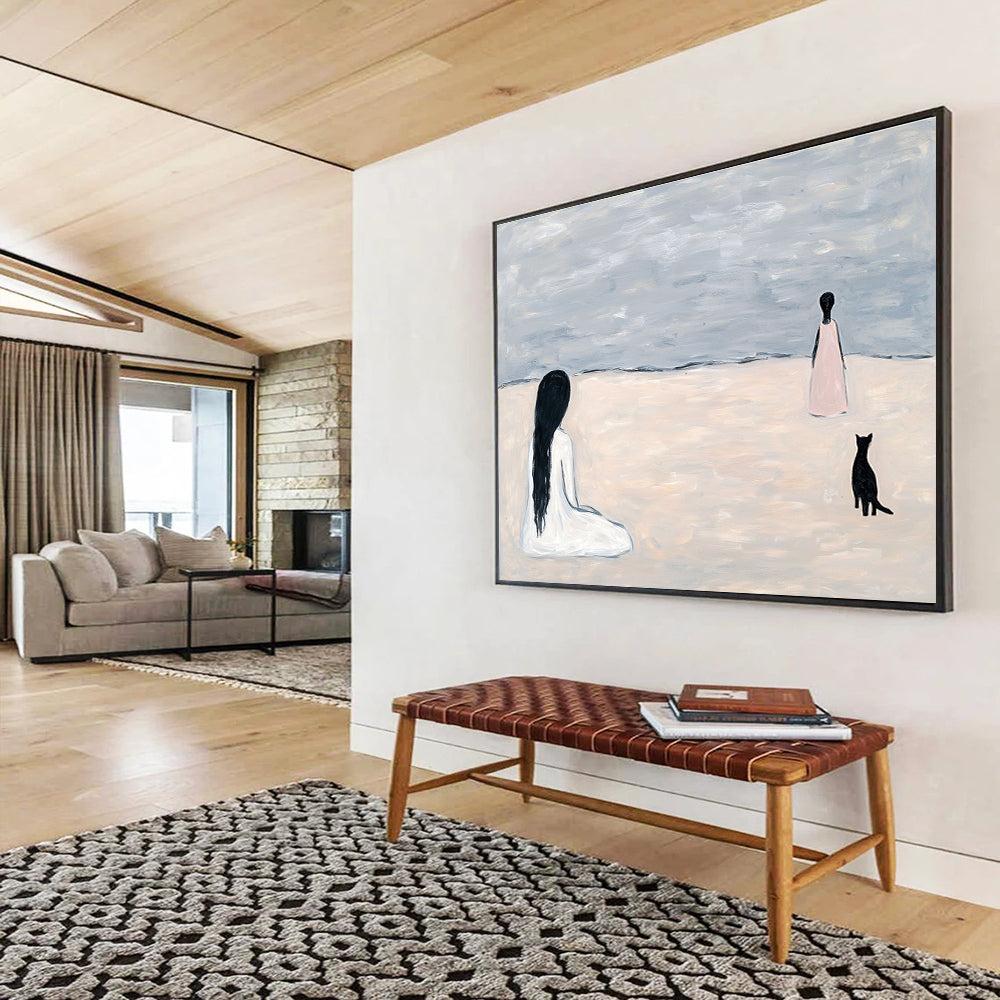 Figure and Cat on Beach Art for Coastal Home Bedroom & Intimate Reading Nook SC468
