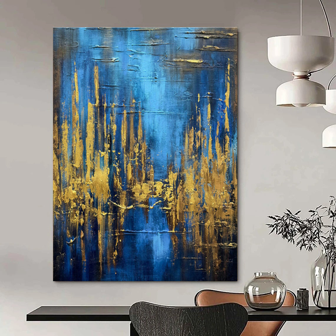 Blue and Gold Vertical Lines Art for Contemporary Office & Chic Boutique DLZ0743