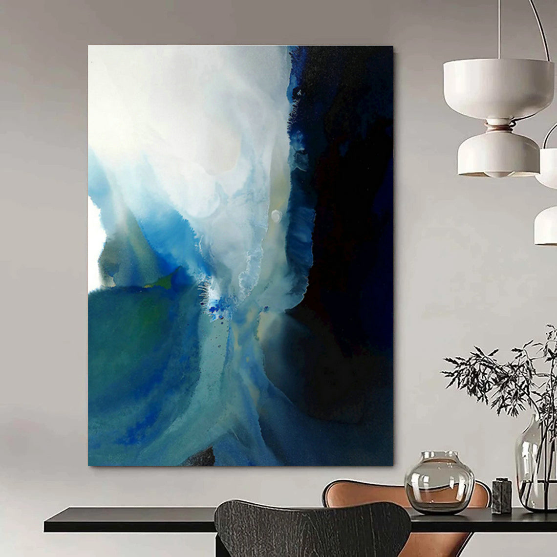 Blue - White Ink Wash Abstract Art for Contemporary Art Gallery Hallway & Minimalist Home Office DLZ0919