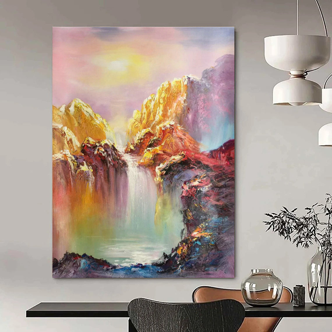 Colorful Mountain Waterfall Oil Painting for Luxury Hotel Suite & Wellness Spa DLZ1286
