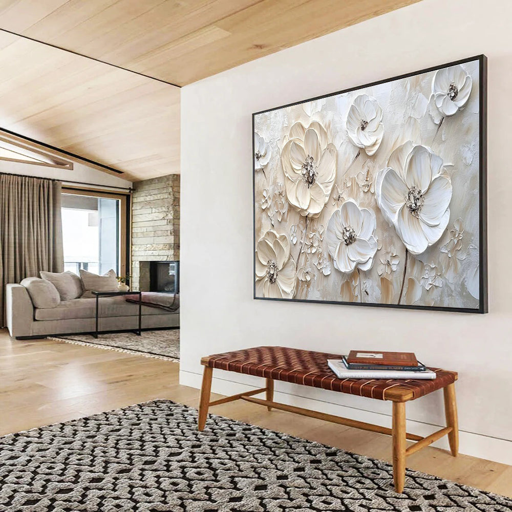 White Flower Relief Art for Minimalist Bedroom Accent Walls DLZ3290