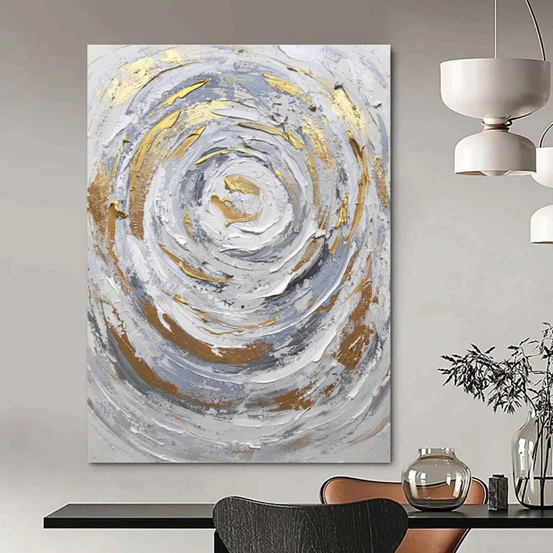 Silver - Gold Swirl Abstract Painting for Art Deco Living Room & High - End Spa DLZ1293