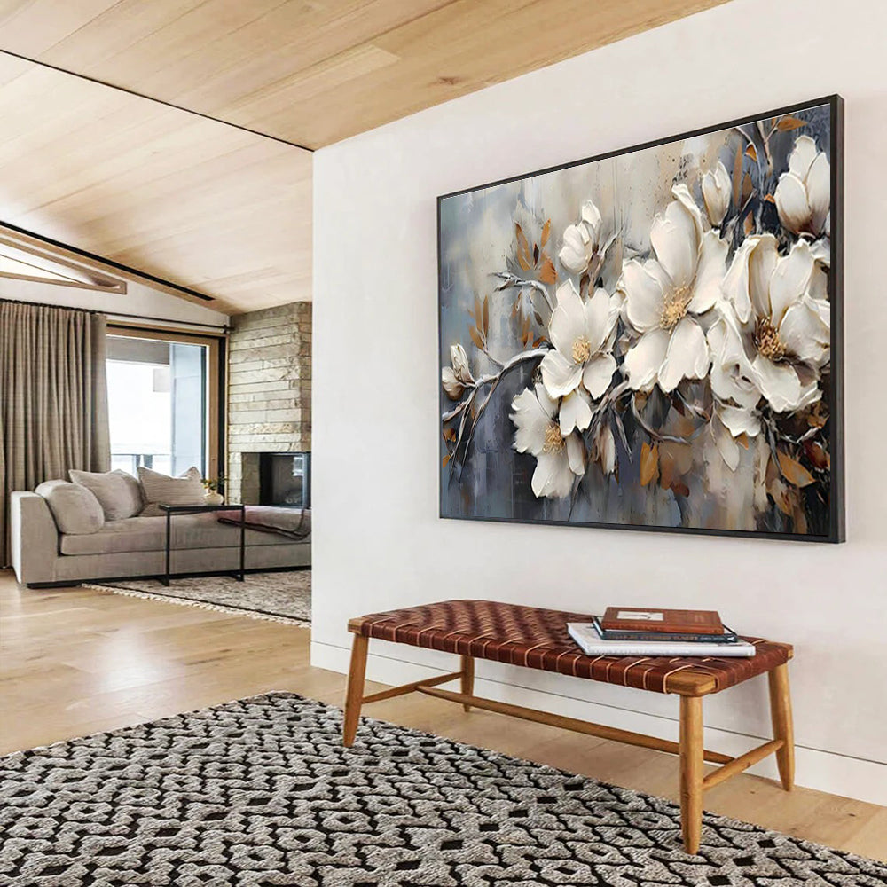 Impasto White Flower Branch Art for Elegant Hotel Lobbies DLZ3091