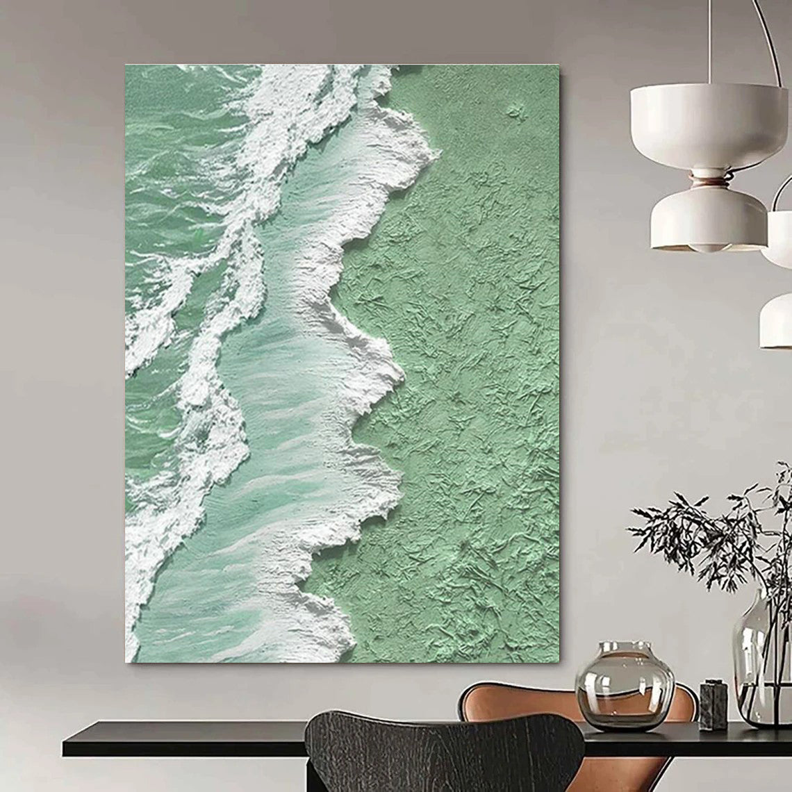 Green and White Textured Coastline Art for Beach House Decor & Eco - Friendly Art Space DLZ2205