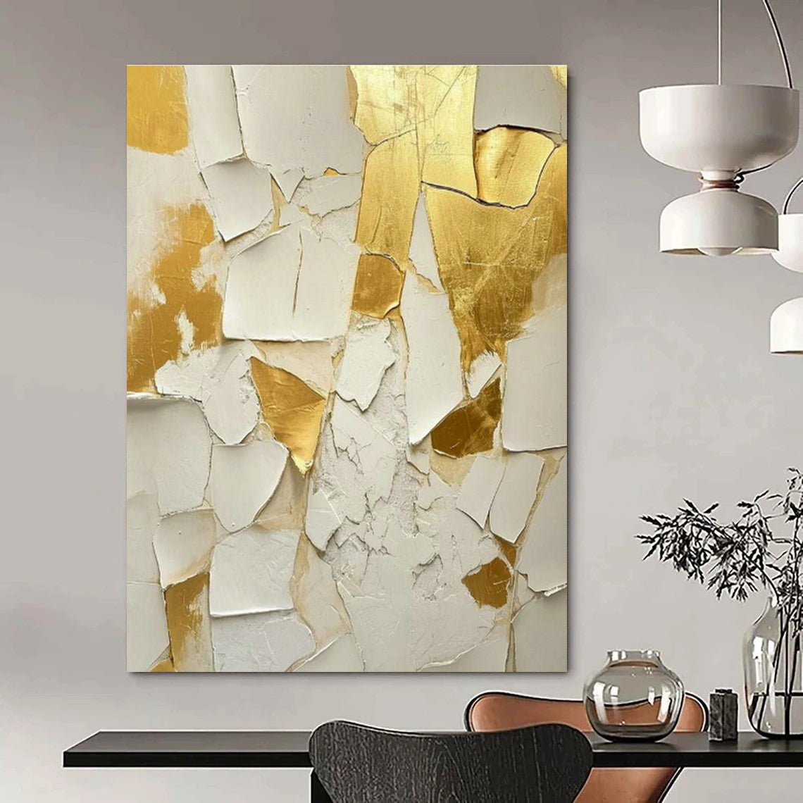 White - Gold Cracked Art for Entryway & Living Room DLZ0328
