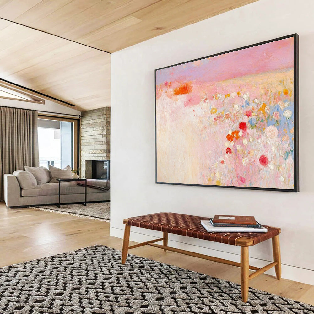 Pink Flower Field Abstract Art for Romantic Wedding Venue & Feminine Bedroom SC350