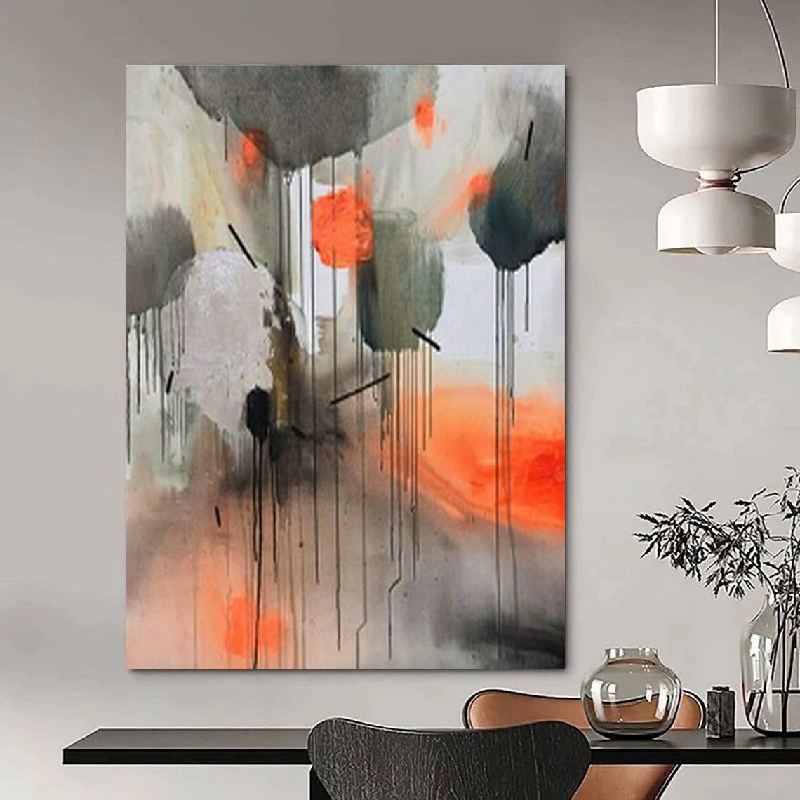 Gray - Orange Ink - Style Abstract Art for Modern Loft & Cultural Art Space DLZ1902