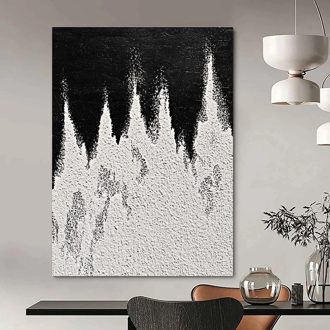 Black and White Textured Peaks Abstract Landscape Art for Minimalist Home & Nature - Inspired Home Office STSC1487