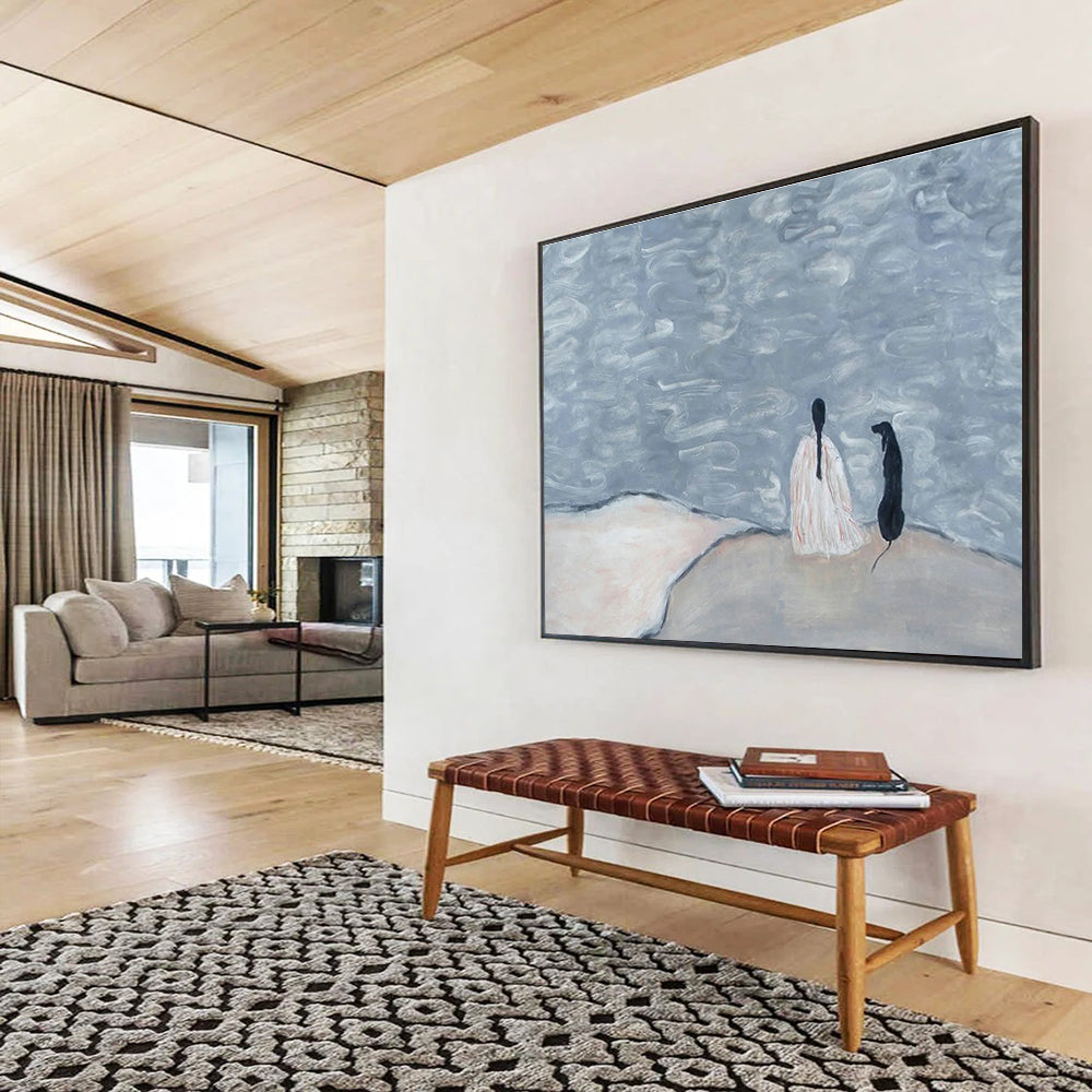 Figure and Dog by the Water Abstract Art for Serene Reading Nook DLZ2807