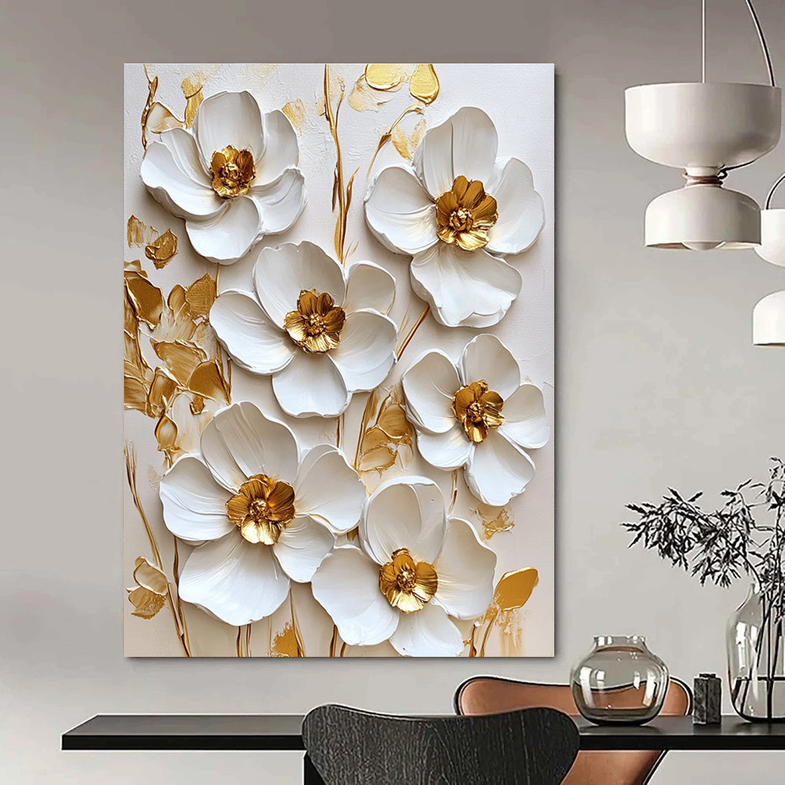 3D White Flowers with Gold Centers Textured Floral Art for Bohemian - Style Living Room & High - End Home Spa STSC1481