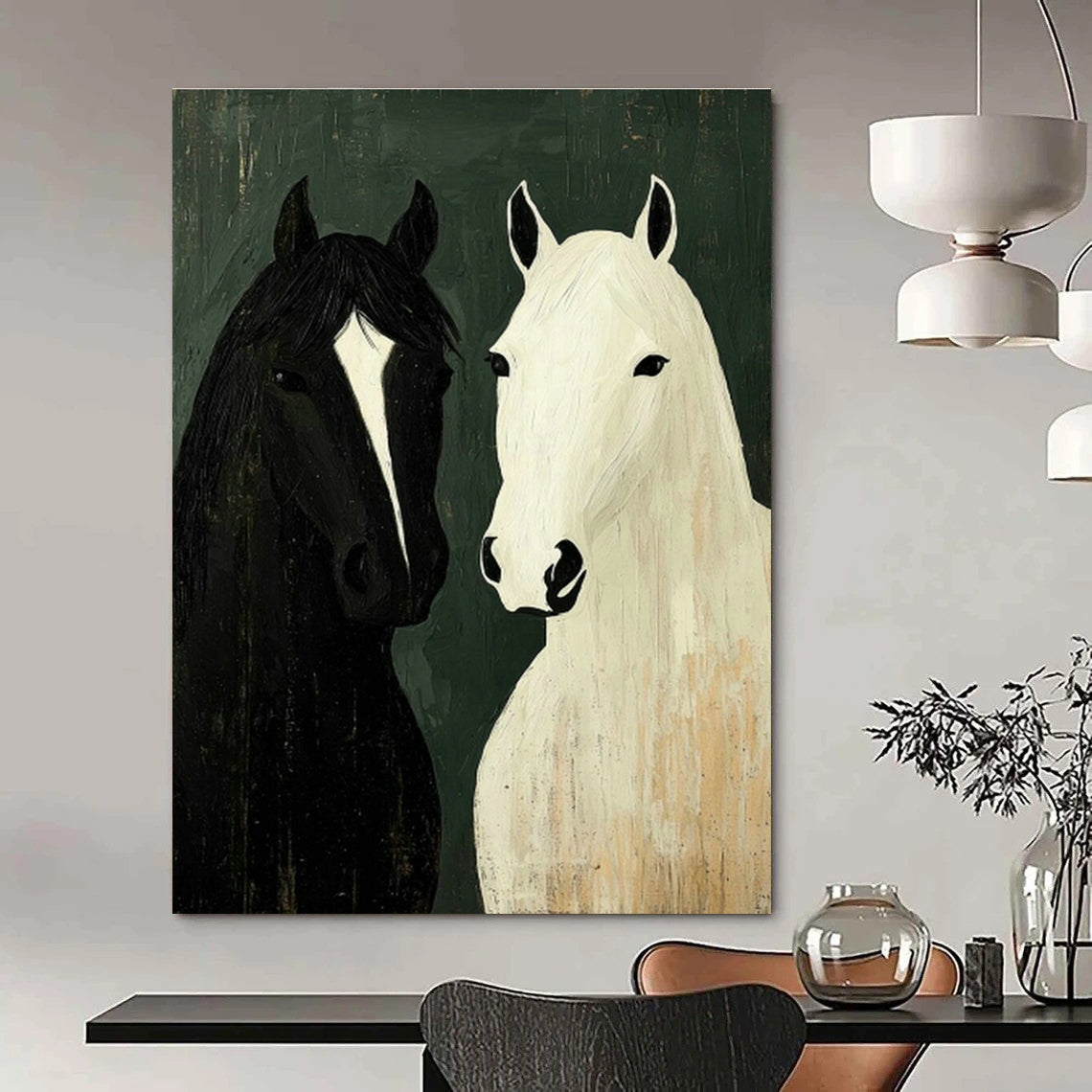 Black and White Horses Art for Rustic Farmhouse Living Room & Equestrian Club Lounge DLZ1010