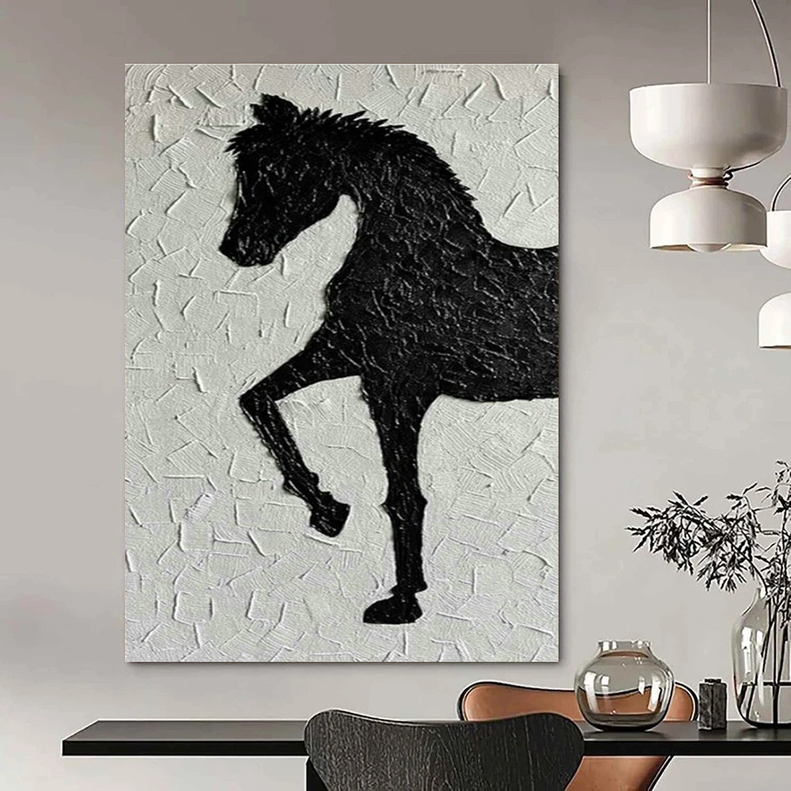 Black Horse Silhouette Textured Art for Equestrian Center & Rustic Home Office DLZ1981