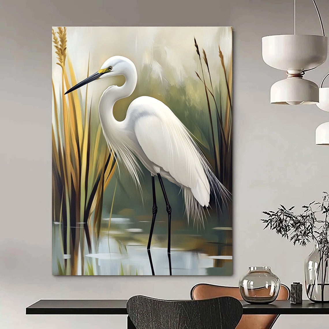 White Egret in Reed Bed for Coastal Home Living Room & Bird - Watching Club STSC1293