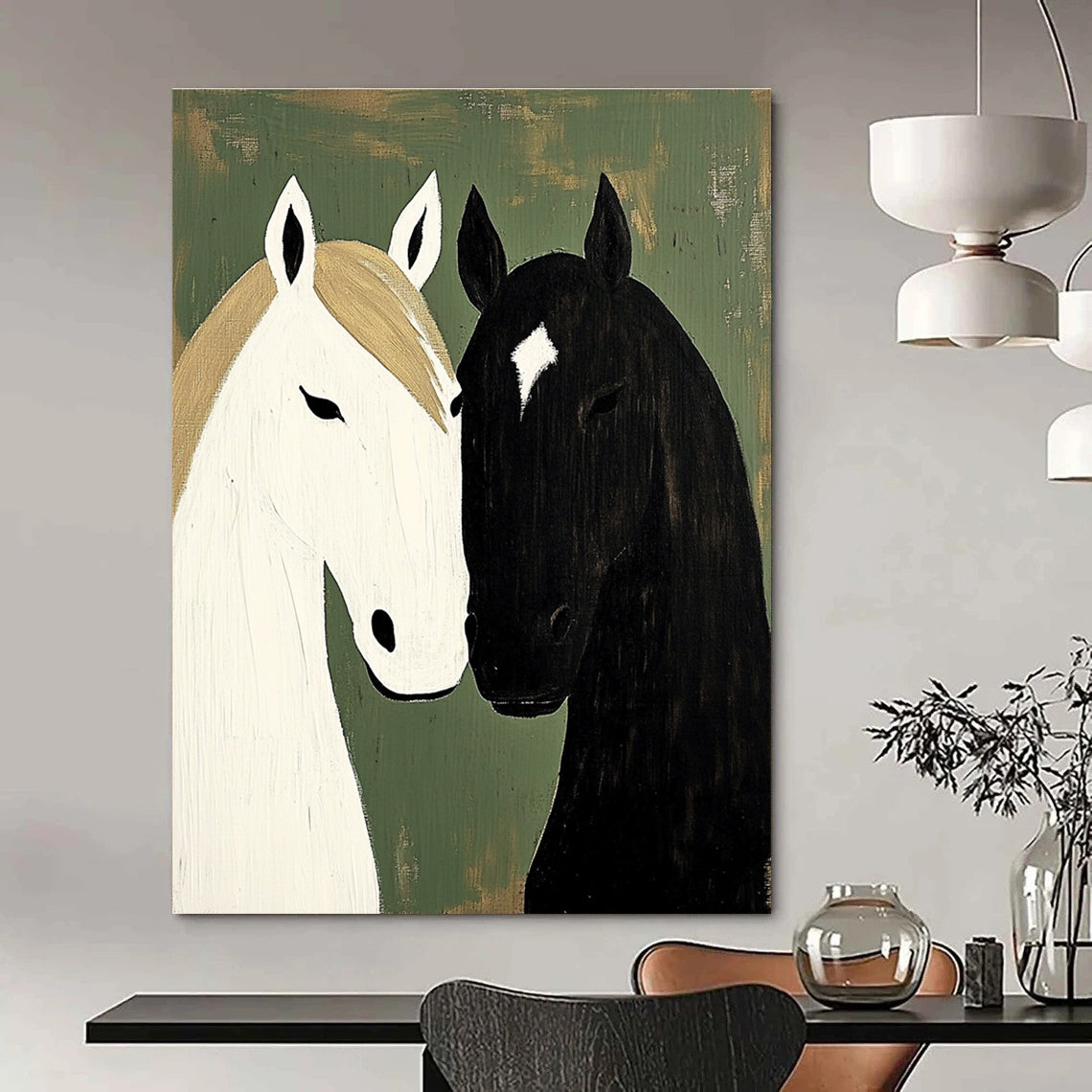 Black and White Horses Minimalist Equine Art for Scandinavian - Style Home & Bohemian - Inspired Bedroom STSC1453