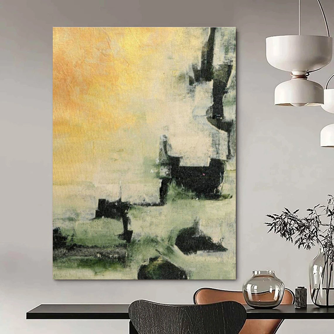 Yellow - Green - Black Abstract Art for Modern Farmhouse Kitchen Dining Areas DLZ0040