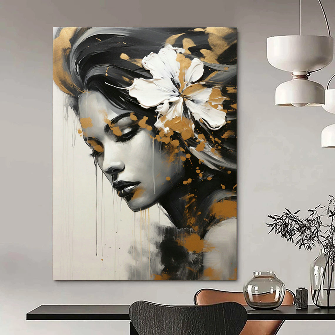 Gold - White Flower Female Portrait for Luxury Beauty Salon & Art - Inspired Home DLZ1822