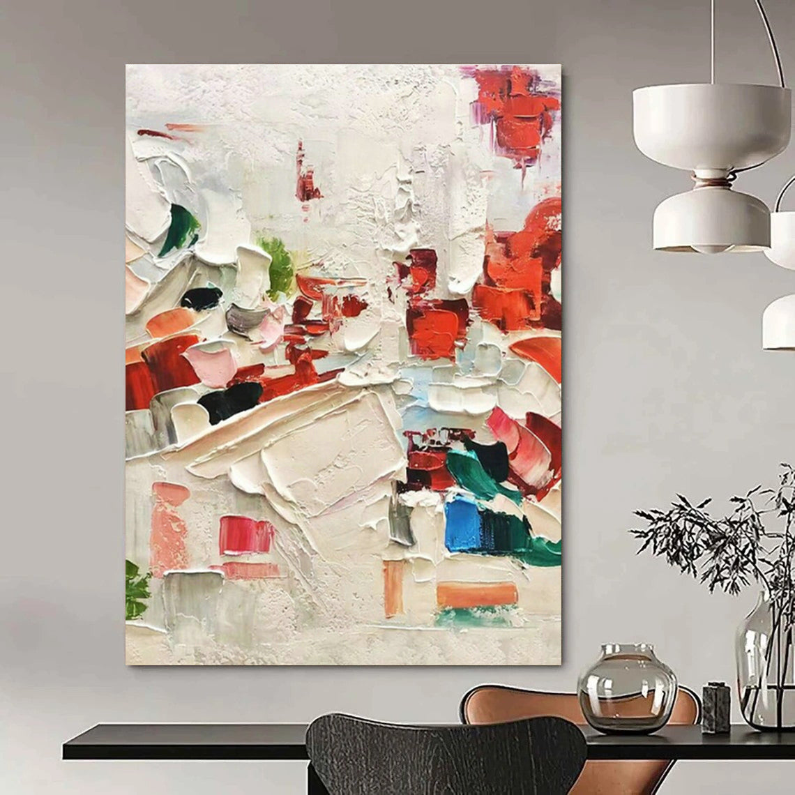 Red - White Thick - Painted Abstract Art for Avant - Garde Restaurant & Dramatic Home Dining Room DLZ1608