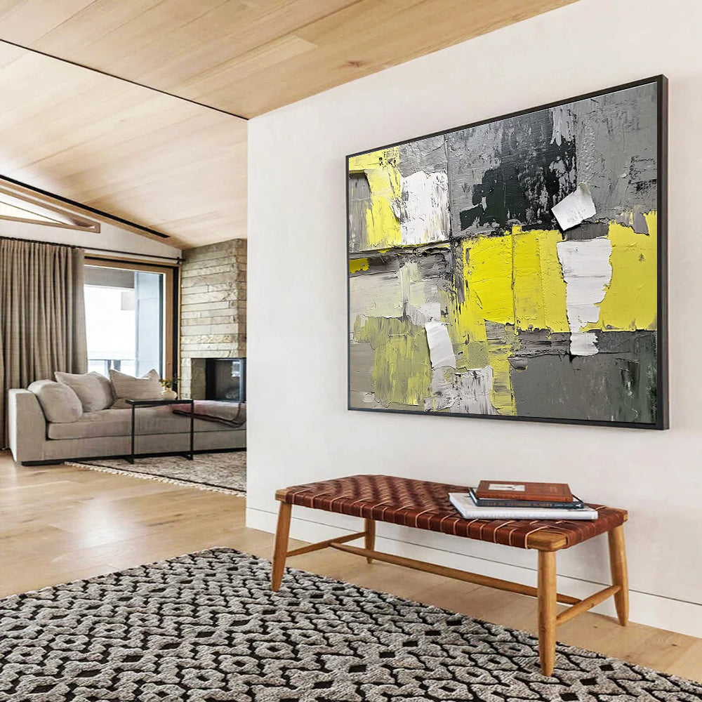 Yellow - Gray Collage Abstract Art for Industrial - Style Café & Modern Art Studio SC240