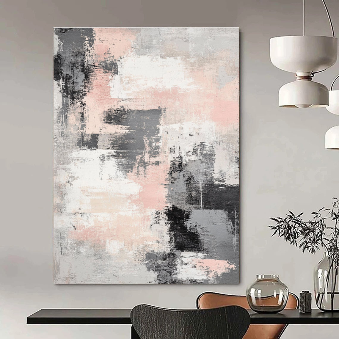 Pink - Gray Abstract Brushstrokes Art for Boutique Hotel Room & Feminine - Themed Lounge STSC133