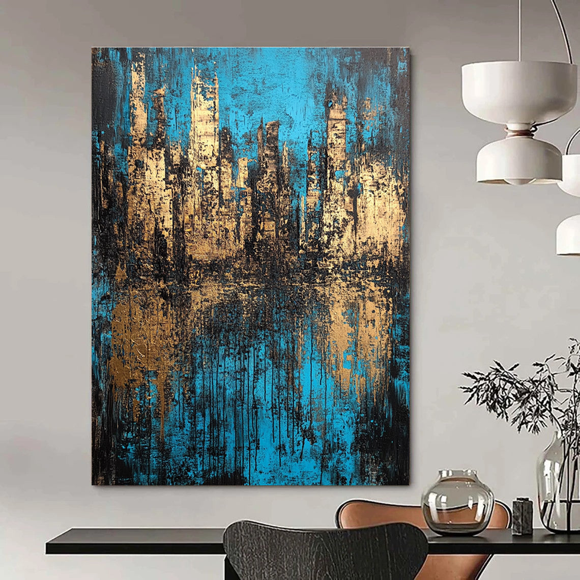Blue and Gold Cityscape Abstract for Luxury Hotel Lobby & Architect’s Studio STSC152
