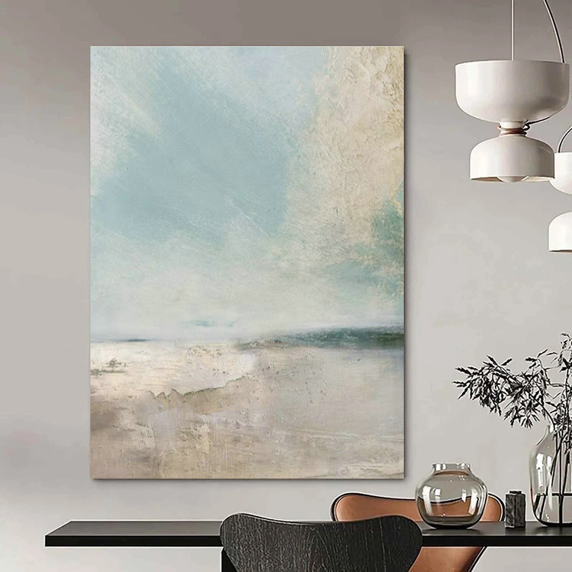 Light Blue - Beige Abstract Landscape Art for Coastal Hotel Lobby & Minimalist Home DLZ2066