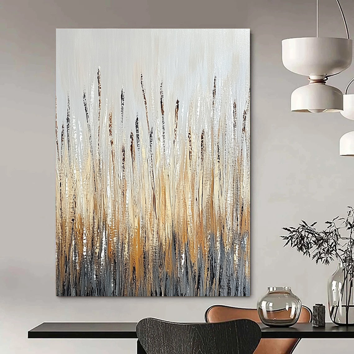 Silver and Gold Reed Abstract for Contemporary Lakeside Home & Sophisticated Dining Room STSC337