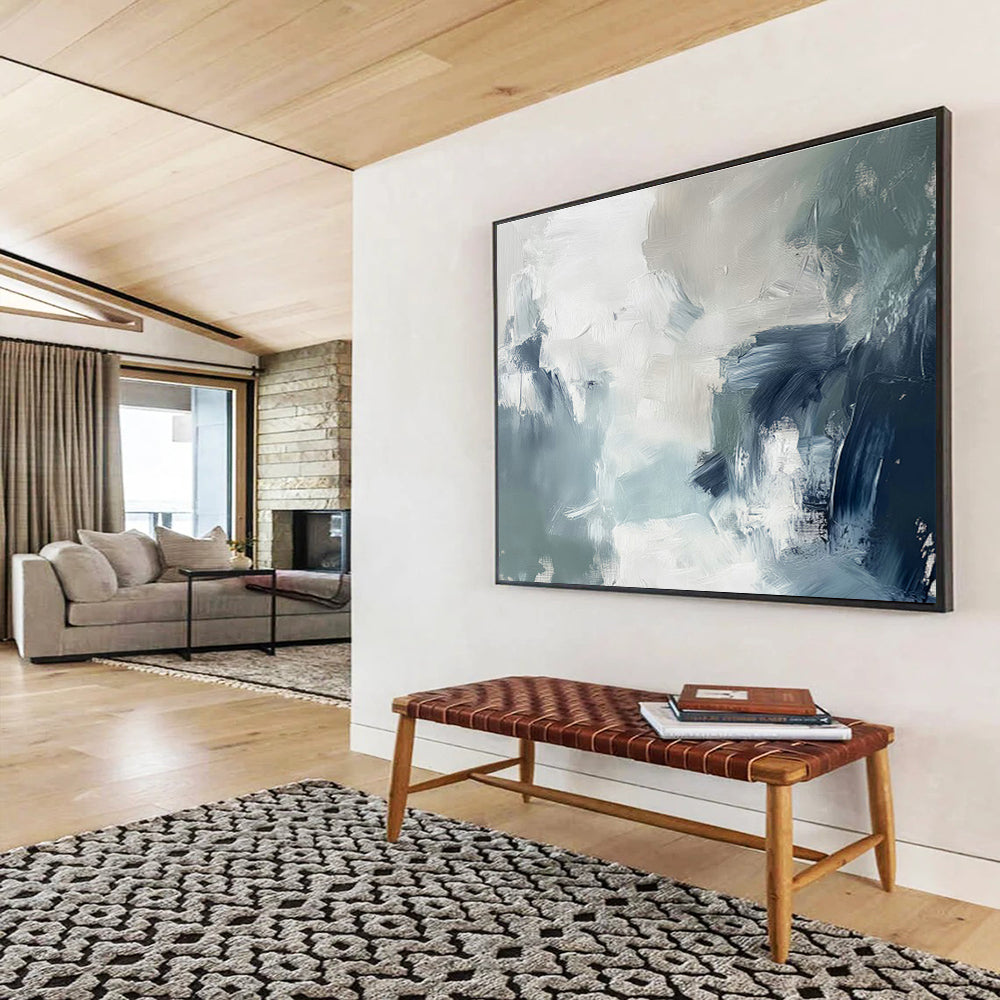 Gray - White - Blue Abstract Art for Coastal Home Living Room Accents DLZ2620