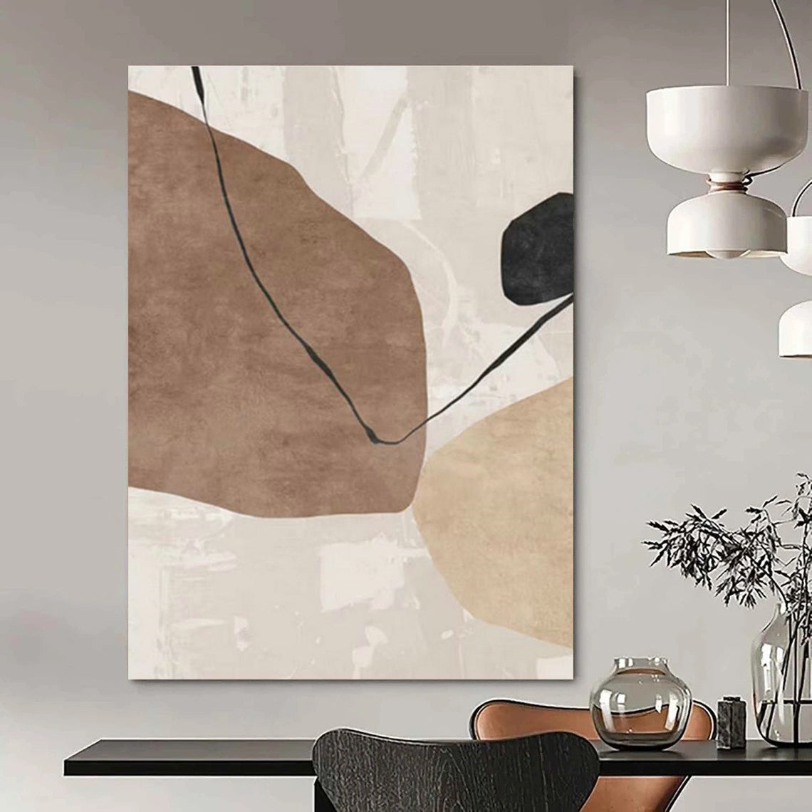Beige and Black Abstract Forms Art for Minimalist Bedroom & Contemporary Art Lounge DLZ2219