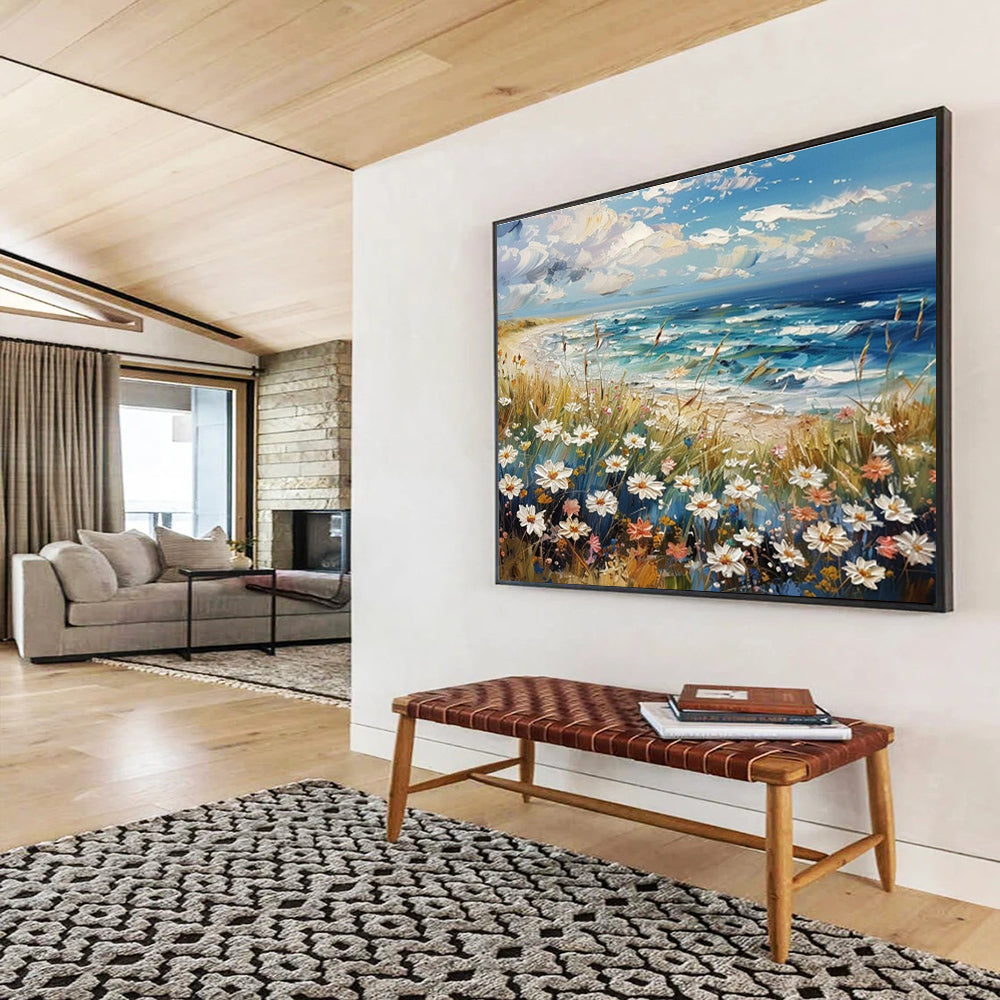 Seaside Flower Field Oil Painting for Relaxing Beach House Bedrooms DLZ2639