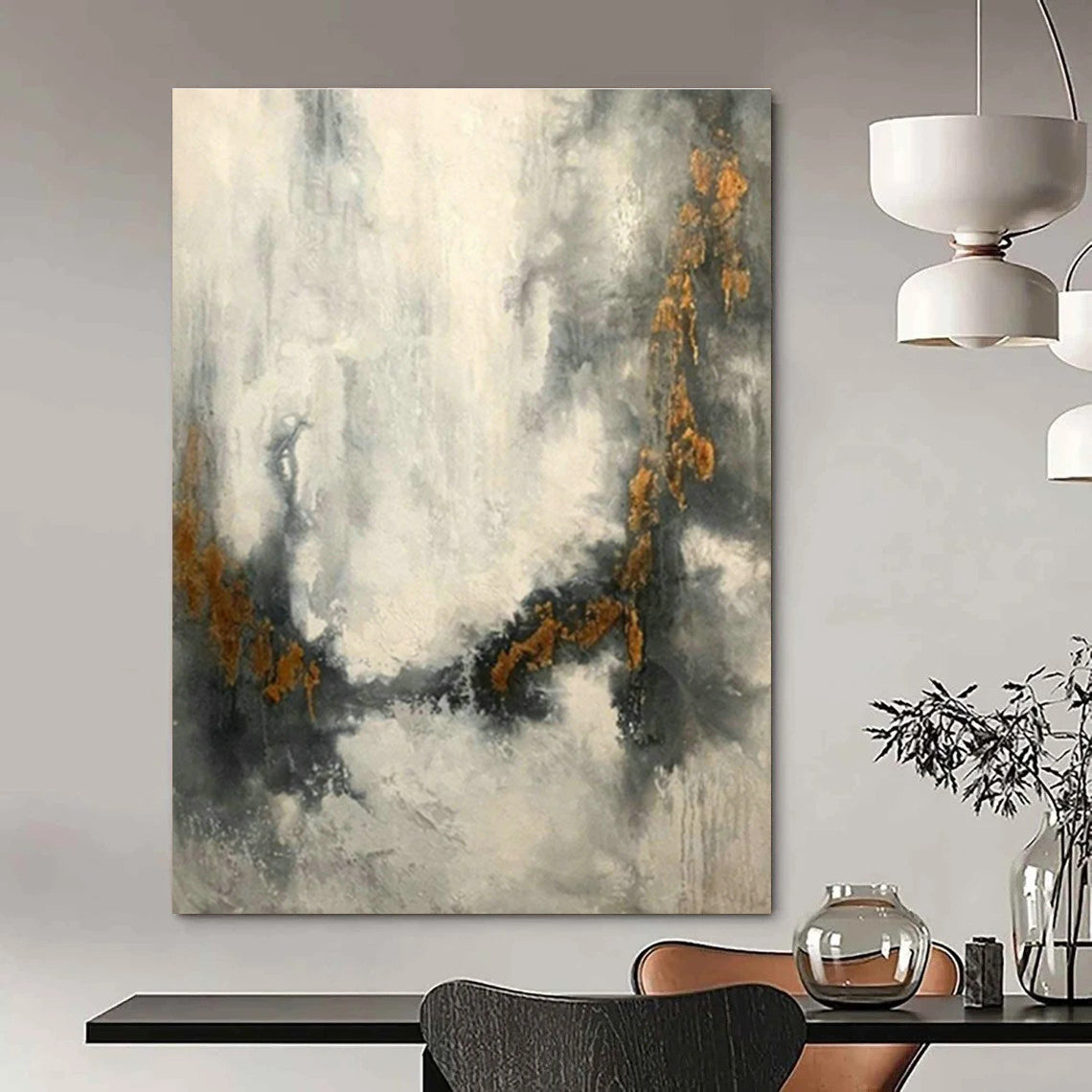 Grey - Gold Waterfall Abstract Art for Living Room & Study DLZ0538