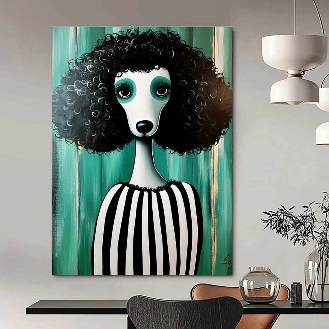 Curly - haired Poodle in Stripes for Quirky Pet Café & Eclectic Home Living Room STSC1000