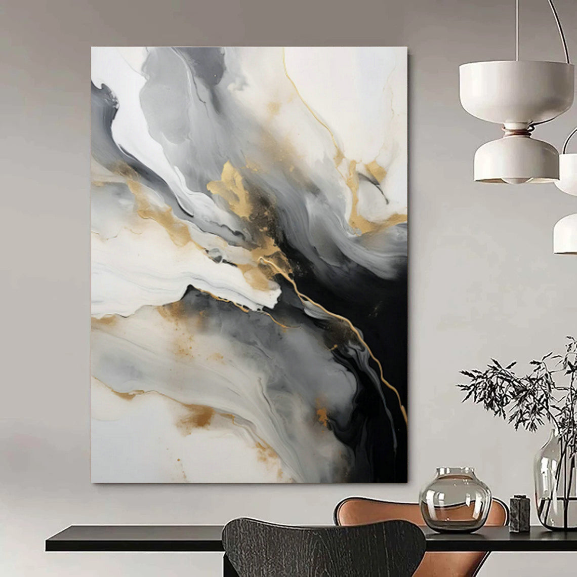Gold - Gray Ink Abstract Art for Modern Art Lounge & Sophisticated Hotel Lobby DLZ0729