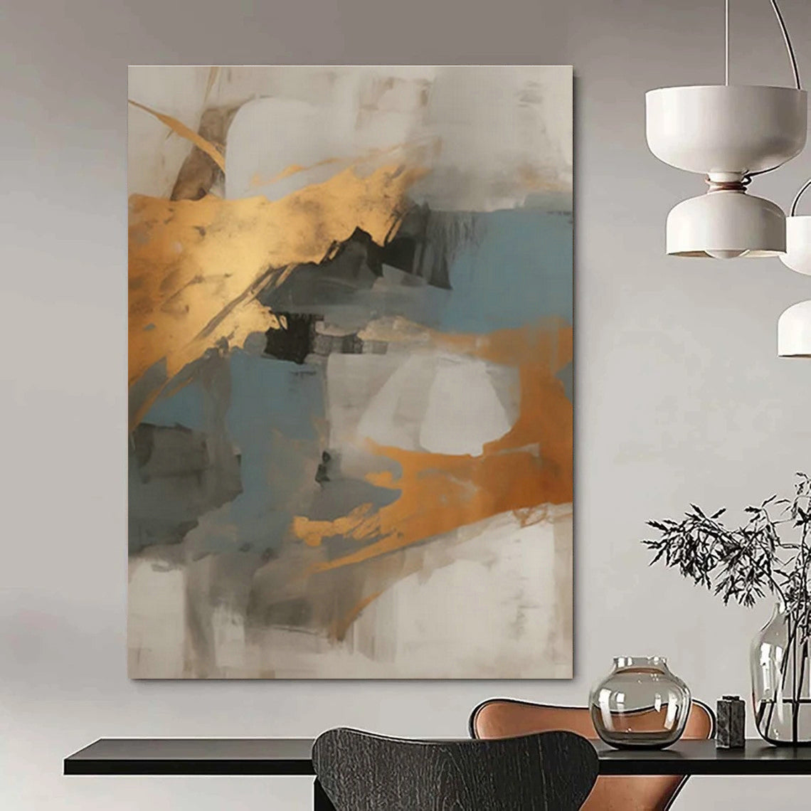 Gold - Blue - Gray Abstract Art for Coastal Home Beach House & Corporate Meeting Room DLZ1733