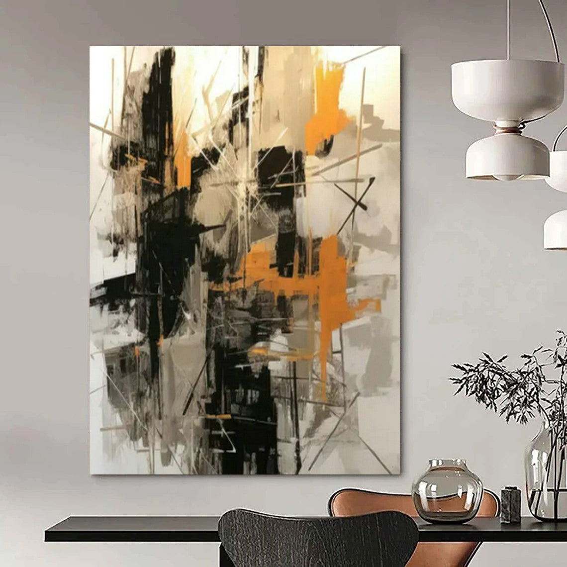 Black - White - Orange Abstract Art for Industrial - Chic Café & Edgy Home Studio DLZ1703