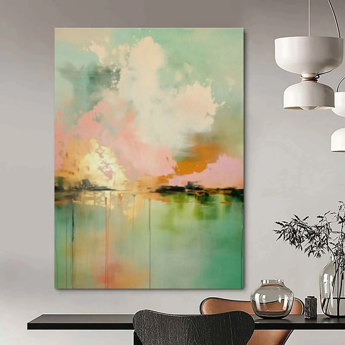 Pink - Green Abstract Landscape Art for Scandinavian Bedroom & Art Gallery Lounge DLZ1001