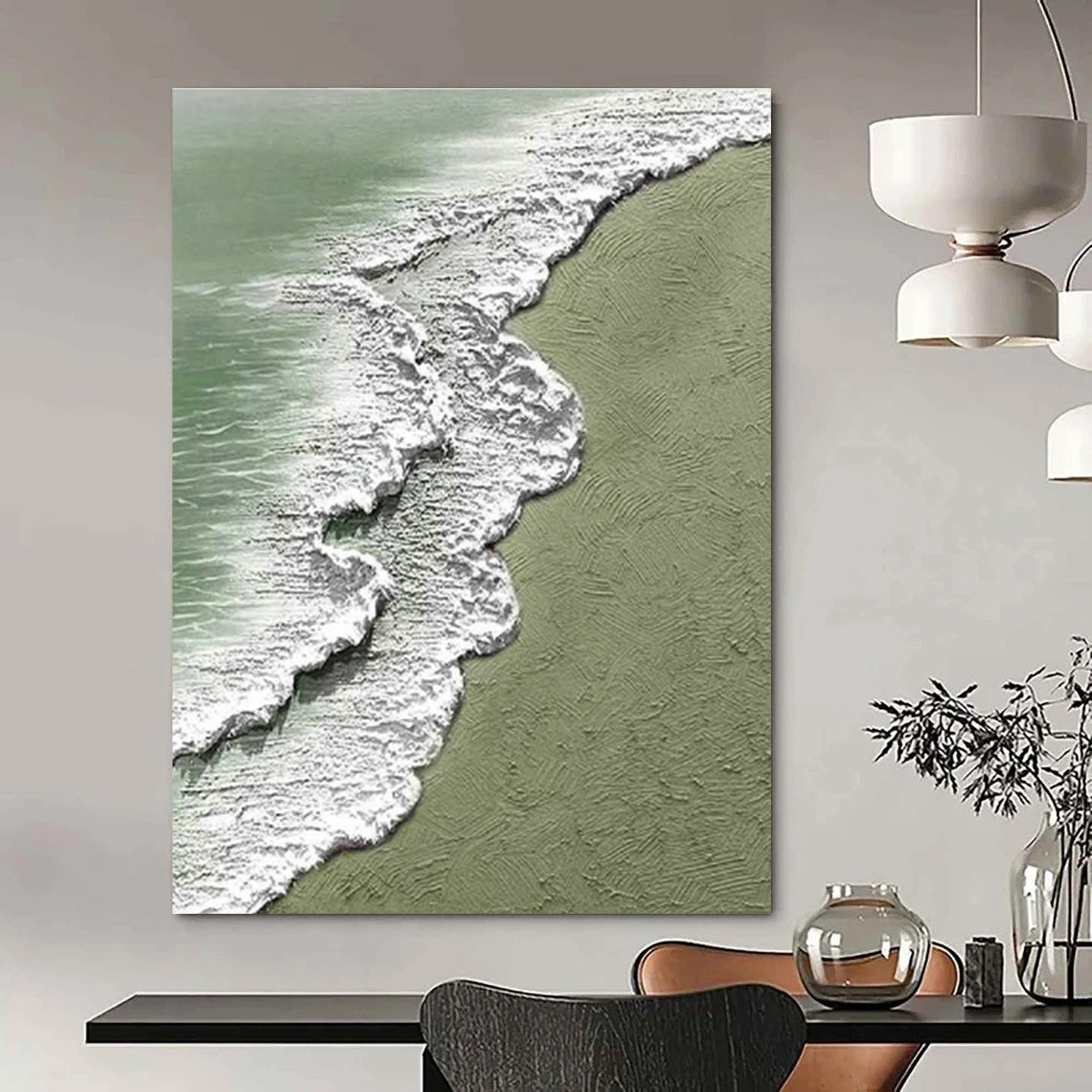 Textured Green Beach and Wave Abstract Art for Living Room & Beachfront Home DLZ1207