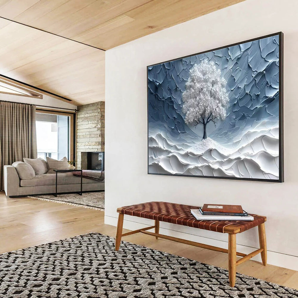 Textured Silver Tree Art for Minimalist Home Meditation Corner Walls DLZ3213