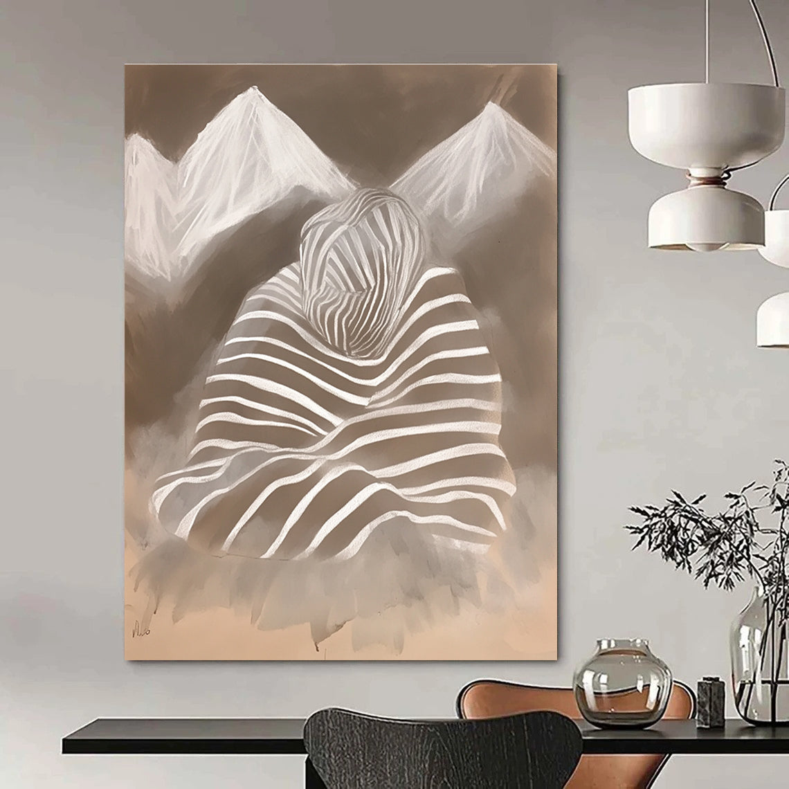 Striped Figure and Mountains Surreal Art for Avant - Garde Gallery & Thought - Provoking Home Office STSC1474