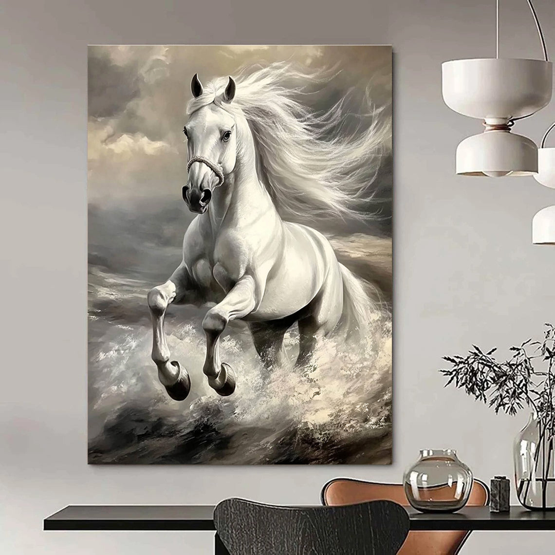 Galloping White Horse Art for Equestrian Home Study & Adventure - Themed Library STSC1053