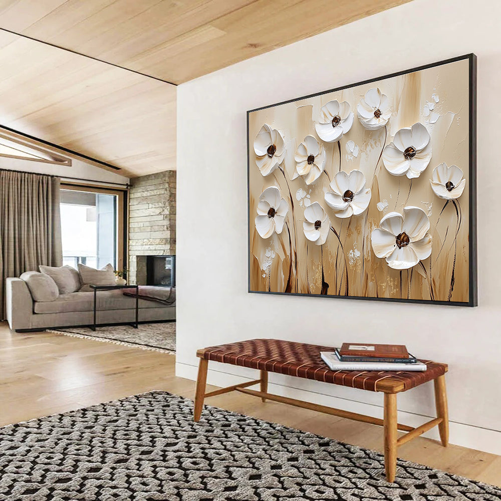 White Flowers on Beige Art for Minimalist Bedroom & Art Gallery SC003