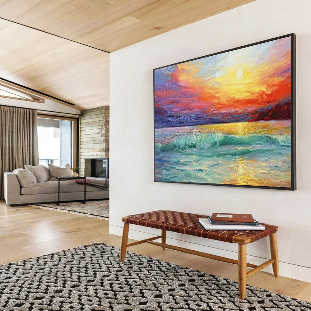 Vivid Sea Sunset Oil Painting for Coastal Villa Living Room Walls DLZ3243